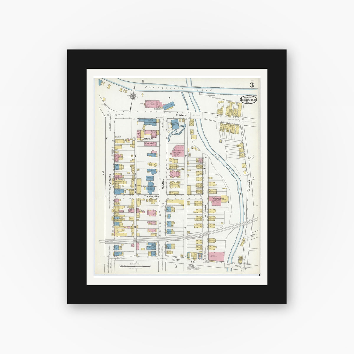 Old map wall art mockup — black gallery frame with white mat — Sanborn Fire Insurance Map from Birdsboro, Berks County, Pennsylvania (1921), Sheet #0003