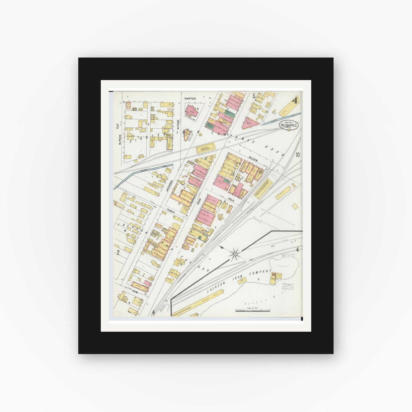 Old map wall art mockup — black gallery frame with white mat — Sanborn Fire Insurance Map from Negaunee, Marquette County, Michigan (1902), Sheet #0004