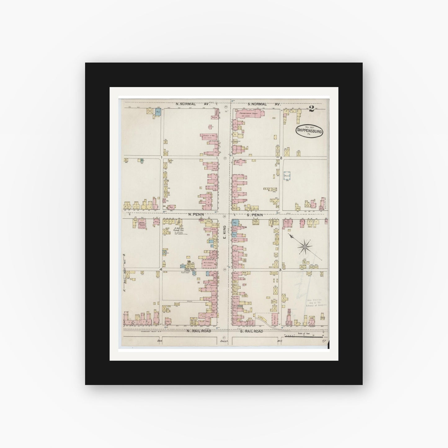 Old map wall art mockup — black gallery frame with white mat — Sanborn Fire Insurance Map from Shippensburg, Cumberland And Franklin Counties, Pennsylvania (1887), Sheet #0002