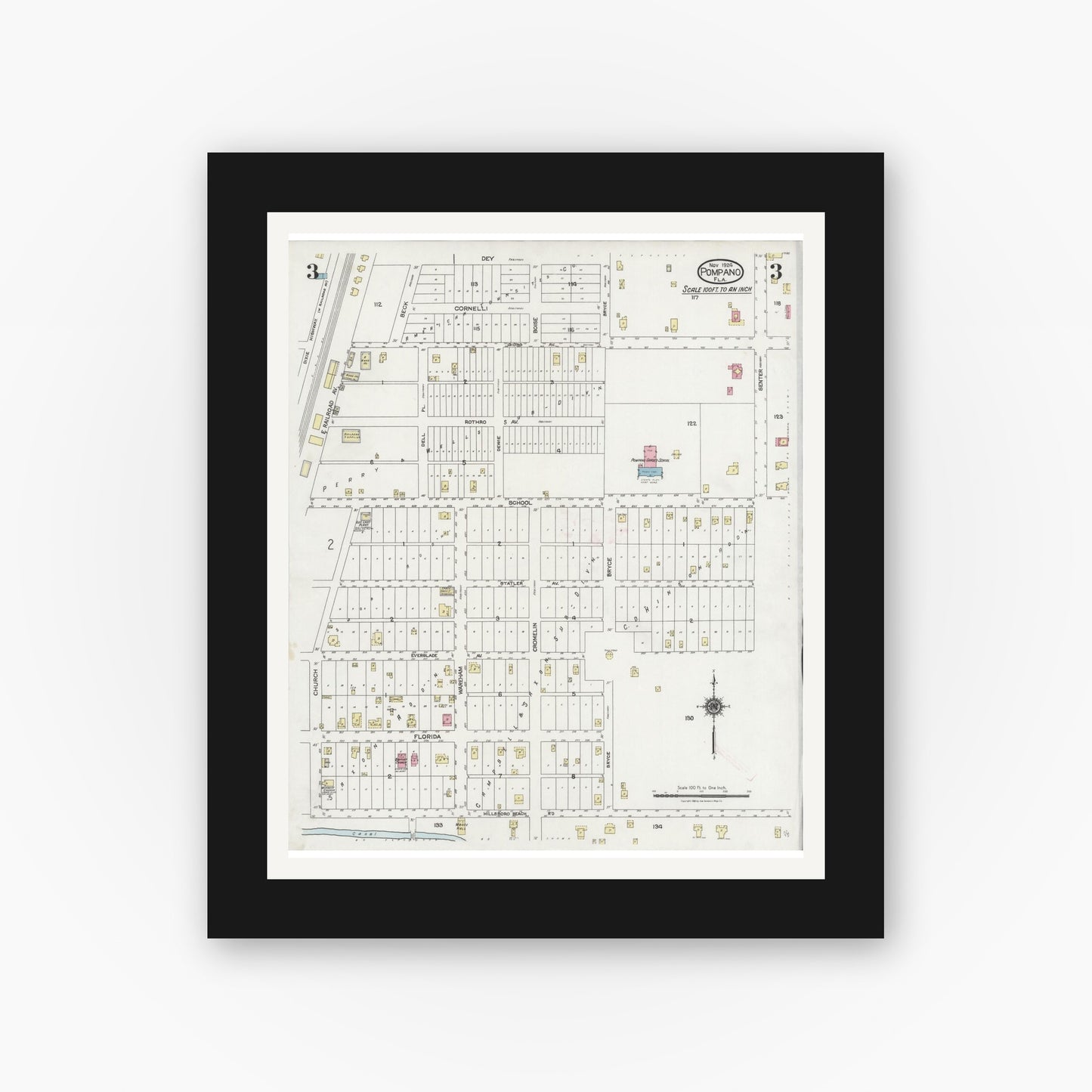 Old map wall art mockup — black gallery frame with white mat — Sanborn Fire Insurance Map from Pompano, Broward County, Florida (1924), Sheet #0003