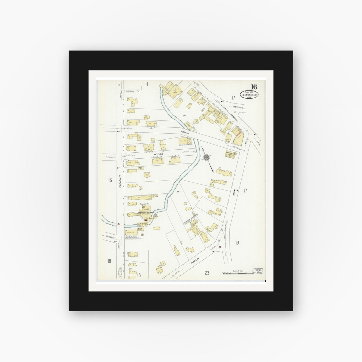 Old map wall art mockup — black gallery frame with white mat — Sanborn Fire Insurance Map from Leominster, Worcester County, Massachusetts (1912), Sheet #0016