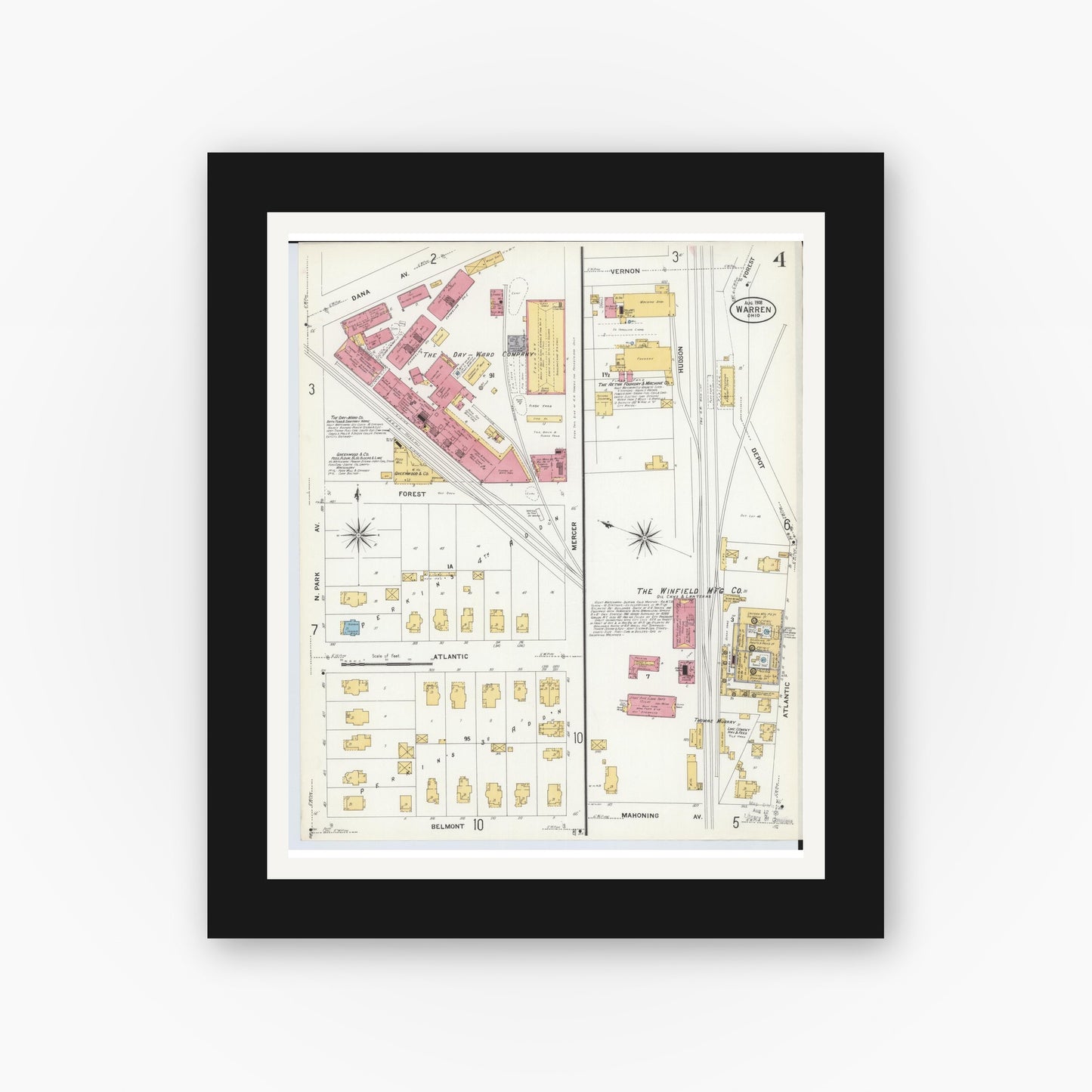 Old map wall art mockup — black gallery frame with white mat — Sanborn Fire Insurance Map from Warren, Trumbull County, Ohio (1908), Sheet #0004