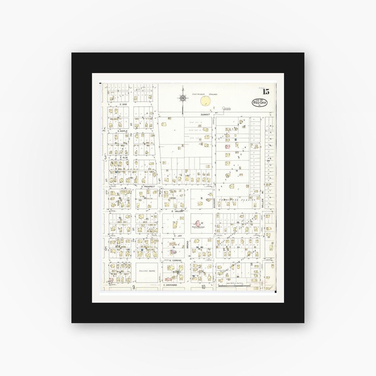 Old map wall art mockup — black gallery frame with white mat — Sanborn Fire Insurance Map from Red Oak, Montgomery County, Iowa (1914), Sheet #0015