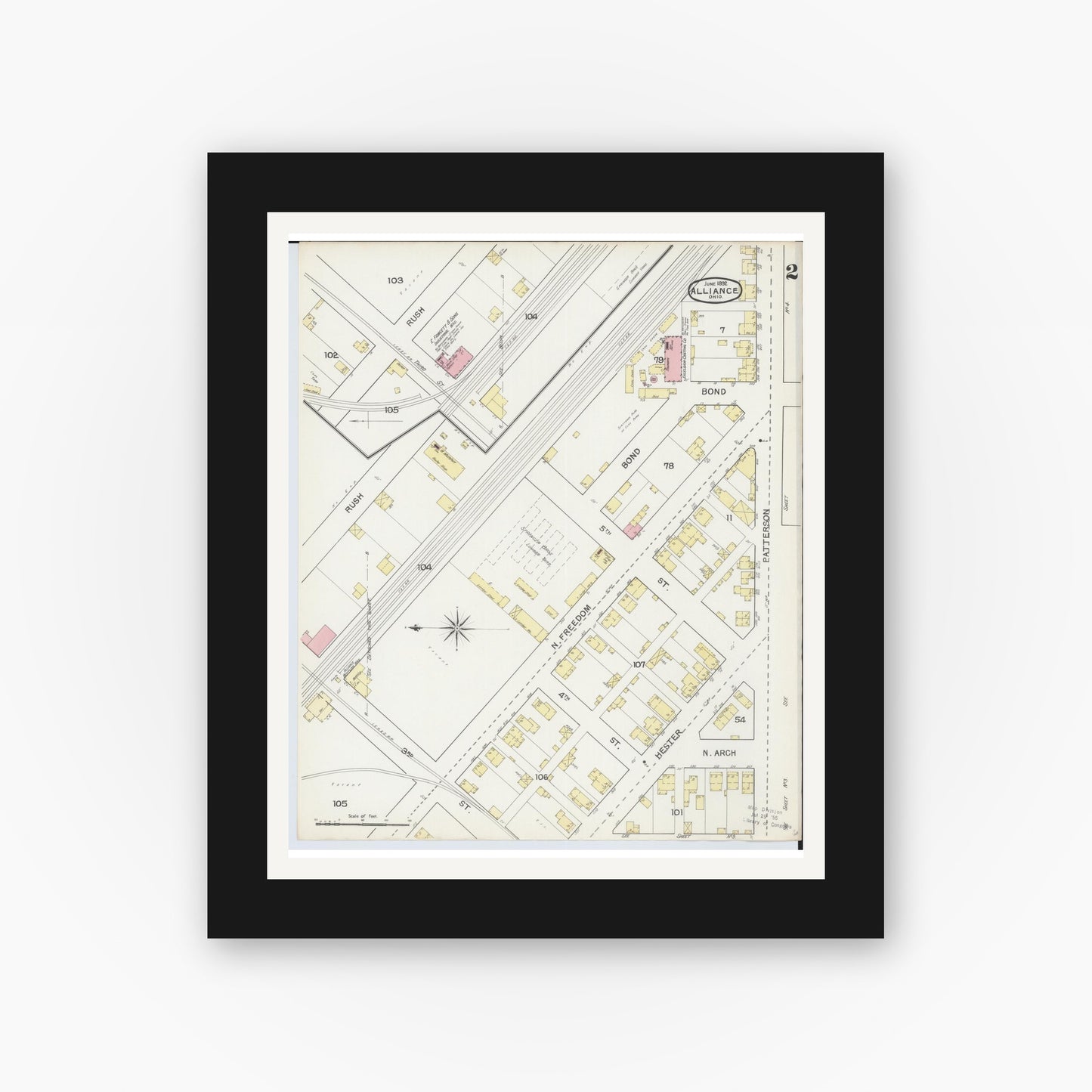 Old map wall art mockup — black gallery frame with white mat — Sanborn Fire Insurance Map from Alliance, Stark County, Ohio (1892), Sheet #0002