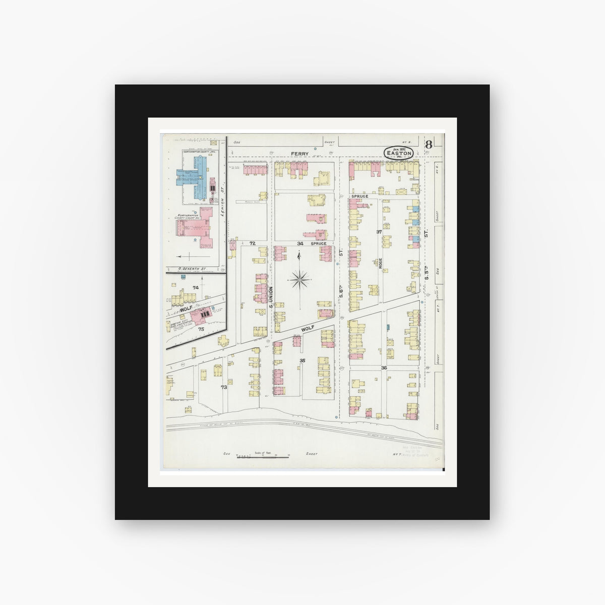 Old map wall art mockup — black gallery frame with white mat — Sanborn Fire Insurance Map from Easton, Northampton County, Pennsylvania (1892), Sheet #0008
