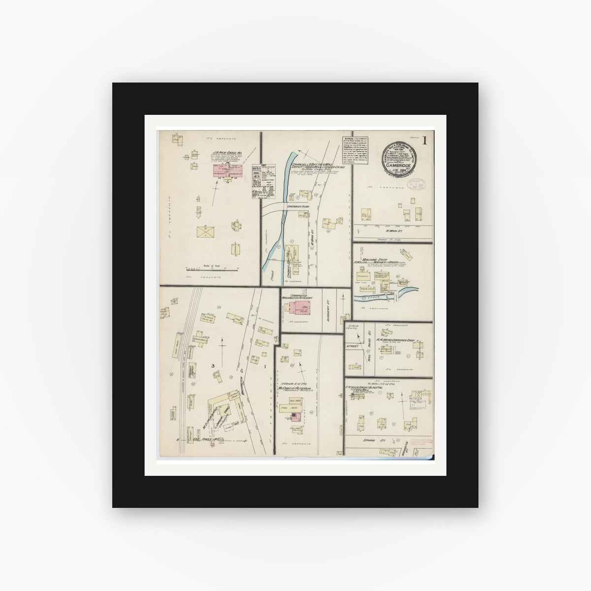Old map wall art mockup — black gallery frame with white mat — Sanborn Fire Insurance Map from Cambridge, Washington County, New York (1884) - Complete Map Set