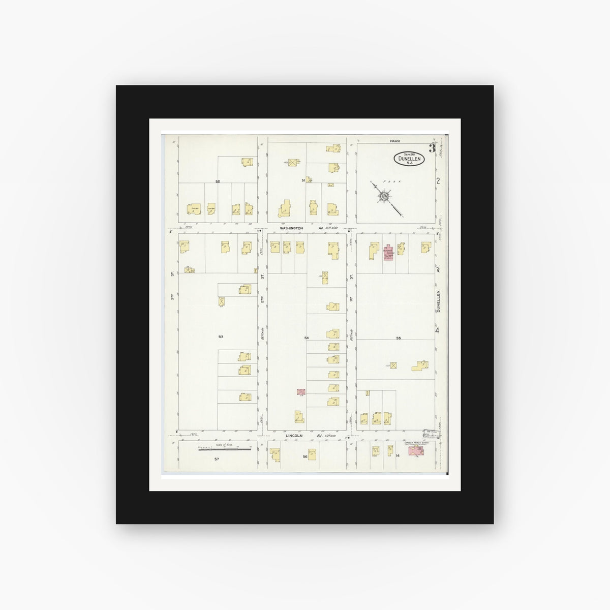 Old map wall art mockup — black gallery frame with white mat — Sanborn Fire Insurance Map from Dunellen, Middlesex County, New Jersey (1910), Sheet #0003