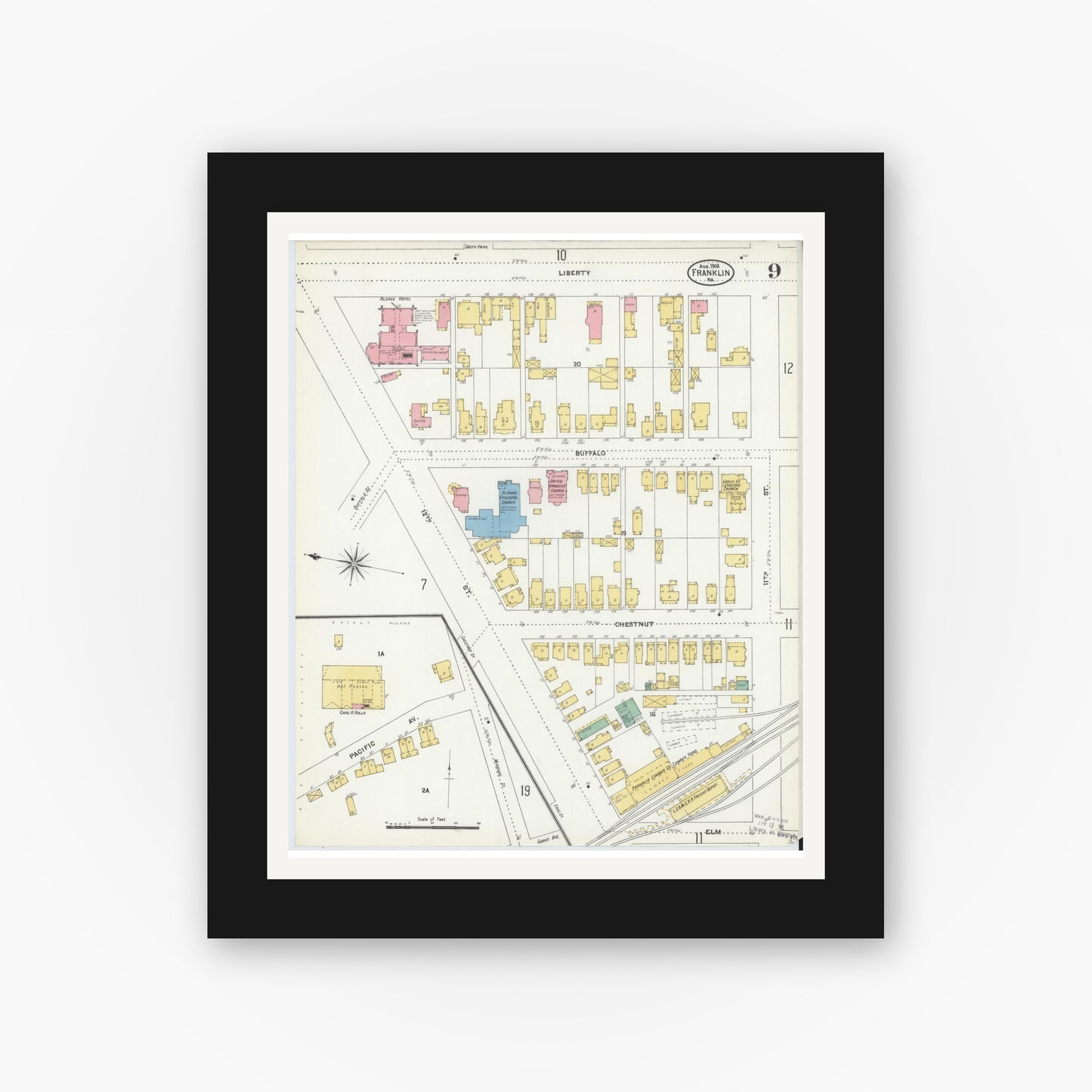 Old map wall art mockup — black gallery frame with white mat — Sanborn Fire Insurance Map from Franklin, Venango County, Pennsylvania (1906), Sheet #0009