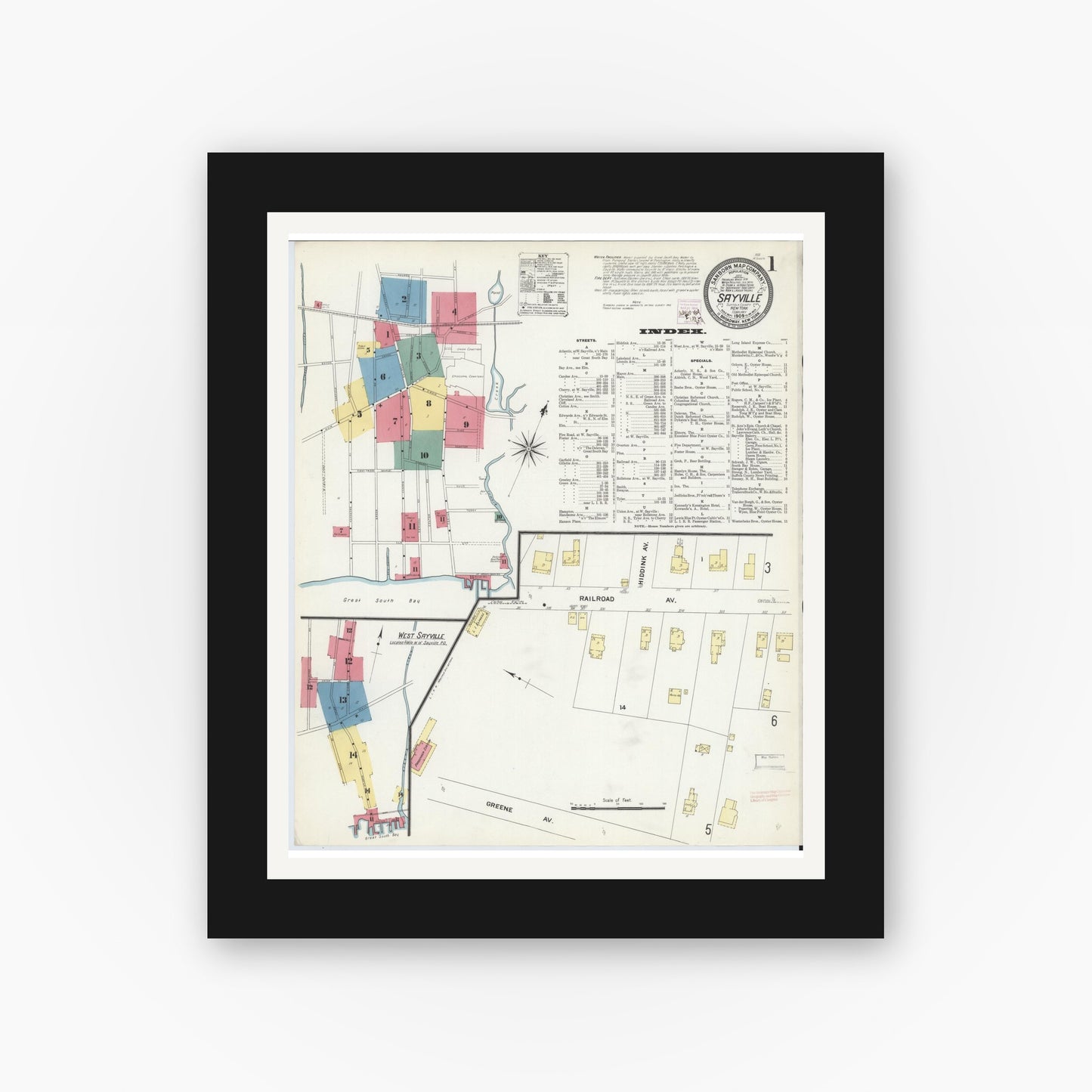 Old map wall art mockup — black gallery frame with white mat — Sanborn Fire Insurance Map from Sayville, Suffolk County, New York (1909), Sheet #0001