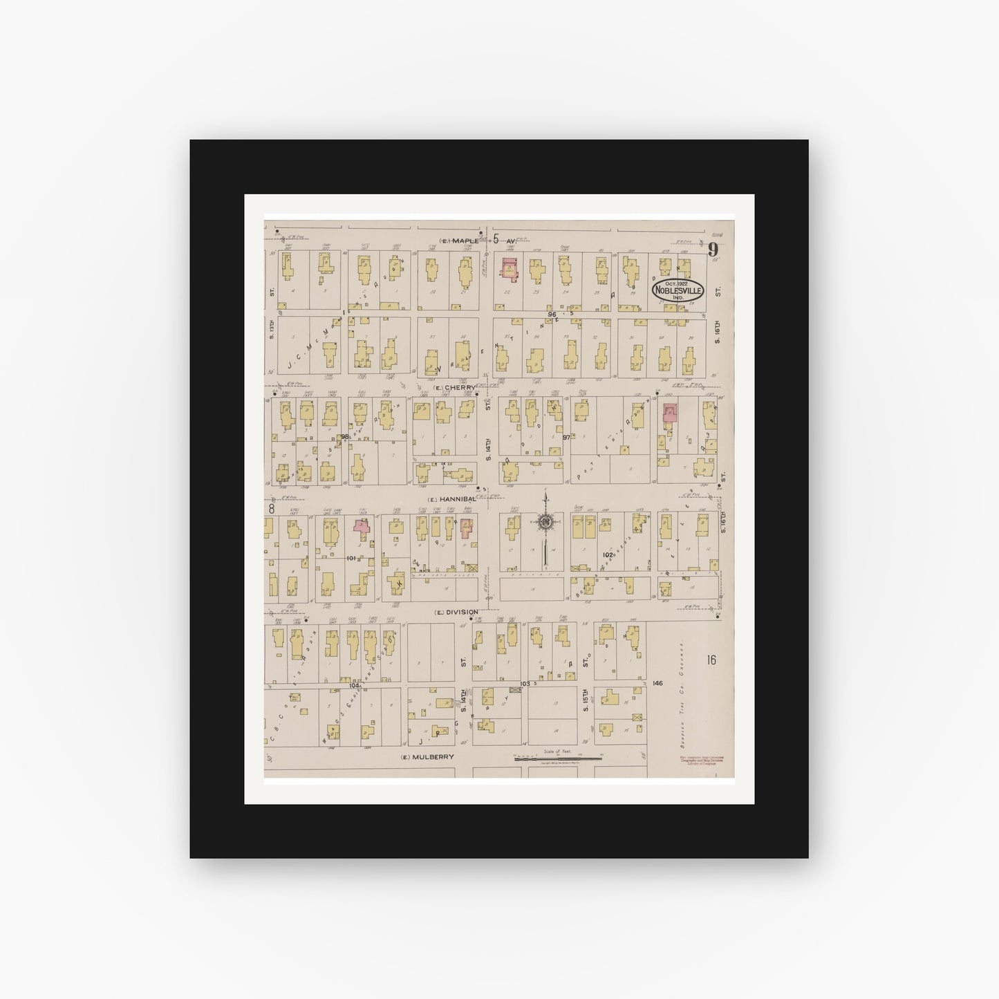 Old map wall art mockup — black gallery frame with white mat — Sanborn Fire Insurance Map from Noblesville, Hamilton County, Indiana (1922), Sheet #0009