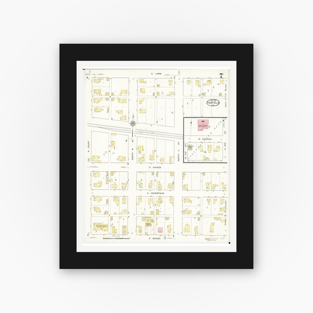Old map wall art mockup — black gallery frame with white mat — Sanborn Fire Insurance Map from Fairfield, Jefferson County, Iowa (1913), Sheet #0007