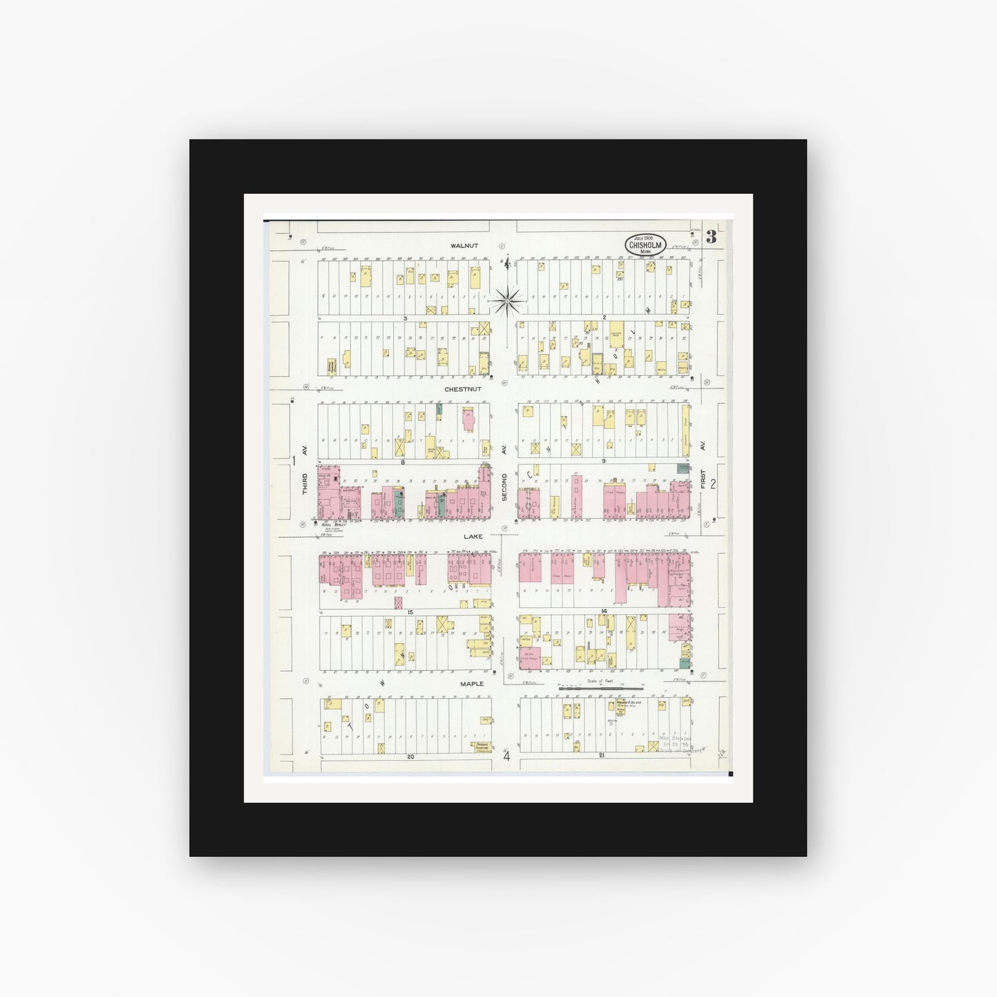 Old map wall art mockup — black gallery frame with white mat — Sanborn Fire Insurance Map from Chisholm, Saint Louis County, Minnesota (1909), Sheet #0003