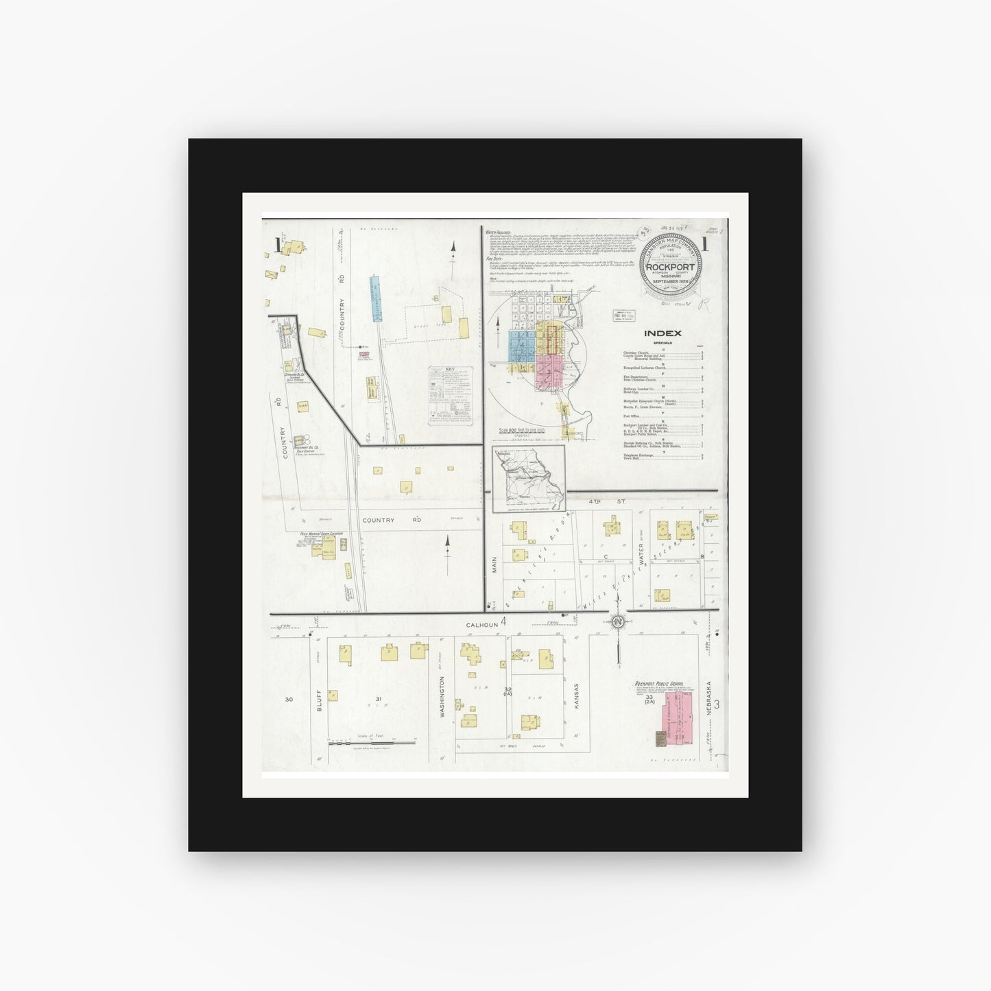 Old map wall art mockup — black gallery frame with white mat — Sanborn Fire Insurance Map from Rockport, Atchison County, Missouri (1928) - Complete Map Set