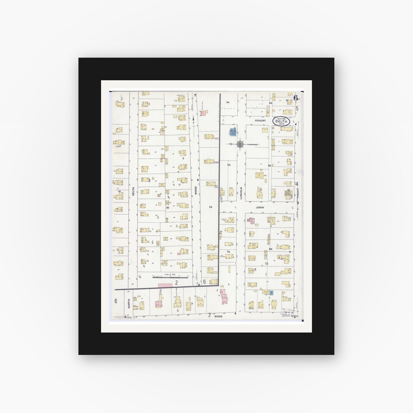 Old map wall art mockup — black gallery frame with white mat — Sanborn Fire Insurance Map from Delta, Fulton County, Ohio (1910), Sheet #0006