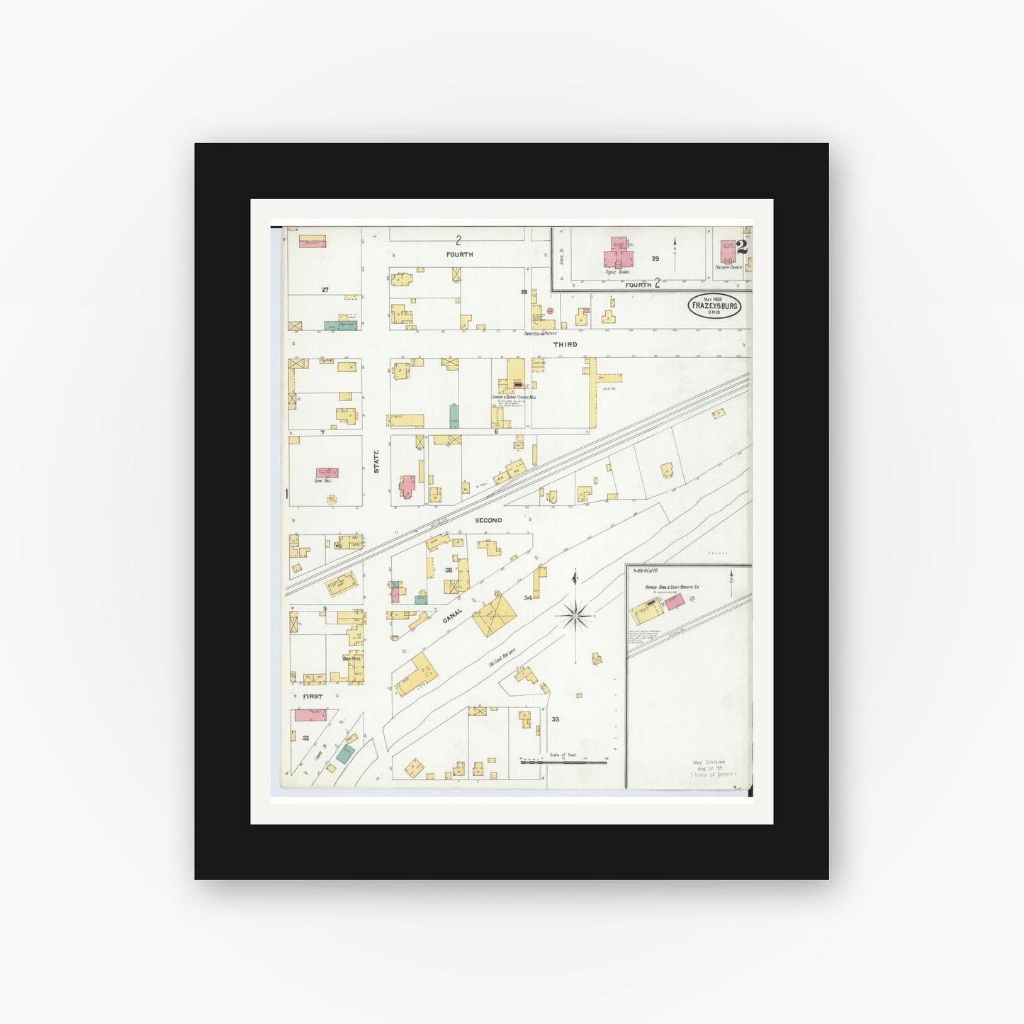 Old map wall art mockup — black gallery frame with white mat — Sanborn Fire Insurance Map from Frazeysburg, Muskingum County, Ohio (1905), Sheet #0002
