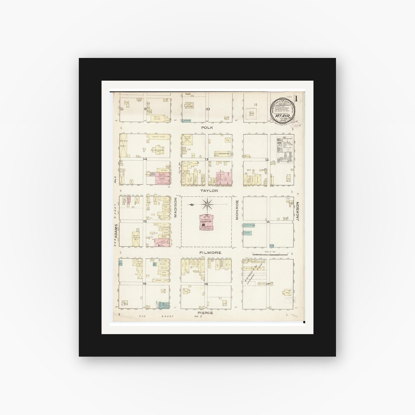 Old map wall art mockup — black gallery frame with white mat — Sanborn Fire Insurance Map from Mount Ayr, Ringgold County, Iowa (1886) — Complete Set