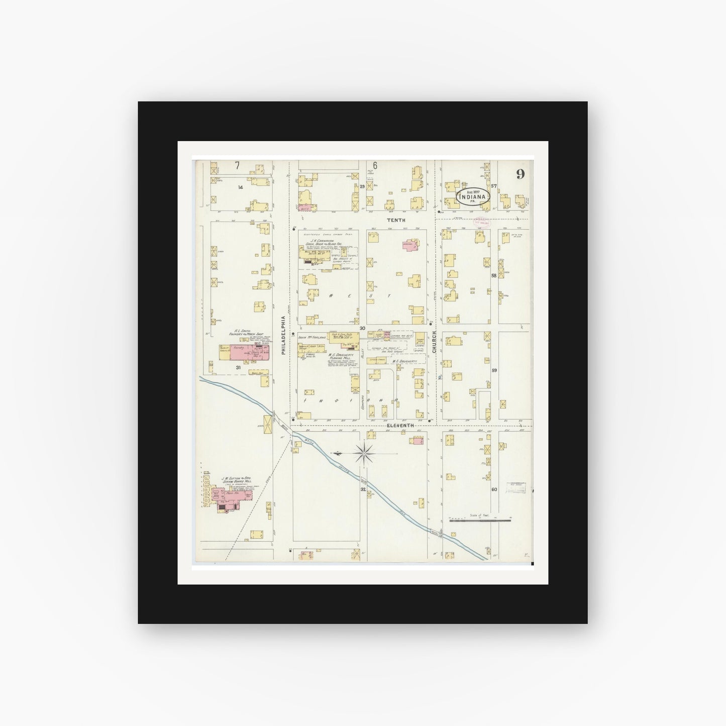 Old map wall art mockup — black gallery frame with white mat — Sanborn Fire Insurance Map from Indiana, Indiana County, Pennsylvania (1888), Sheet #0009