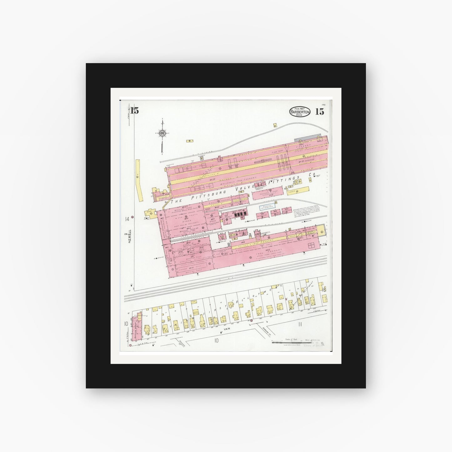 Old map wall art mockup — black gallery frame with white mat — Sanborn Fire Insurance Map from Barberton, Summit County, Ohio (1927), Sheet #0015