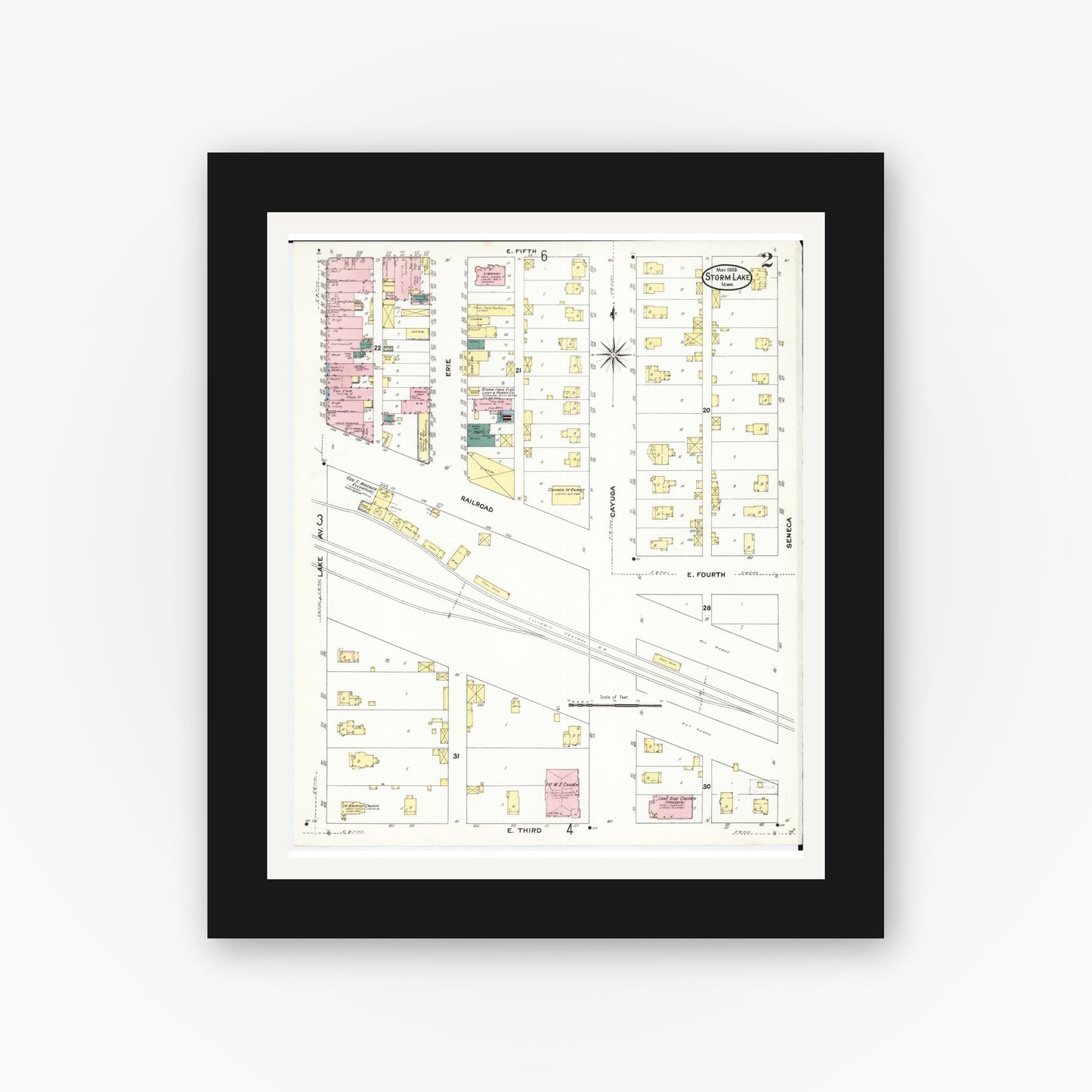 Old map wall art mockup β black gallery frame with white mat β Sanborn Fire Insurance Map from Storm Lake, Buena Vista County, Iowa (1909), Sheet #0002