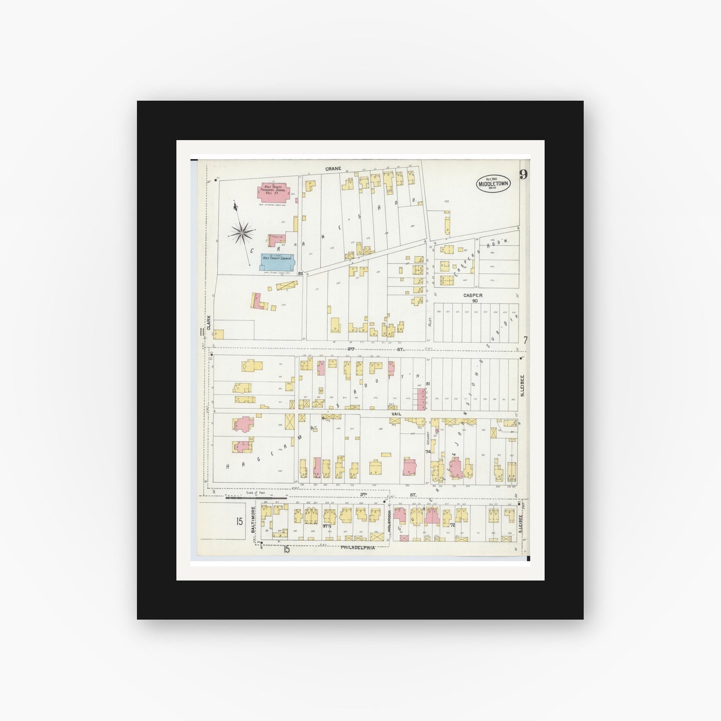 Old map wall art mockup — black gallery frame with white mat — Sanborn Fire Insurance Map from Middletown, Butler County, Ohio (1901), Sheet #0009