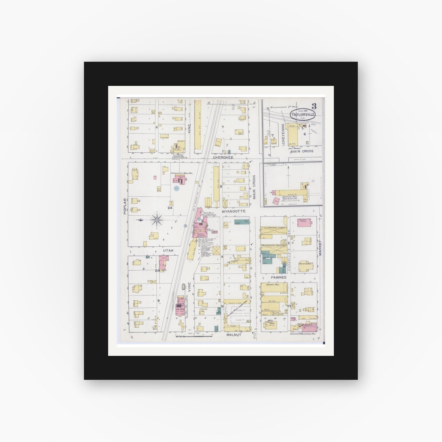 Old map wall art mockup — black gallery frame with white mat — Sanborn Fire Insurance Map from Taylorville, Christian County, Illinois (1893), Sheet #0003