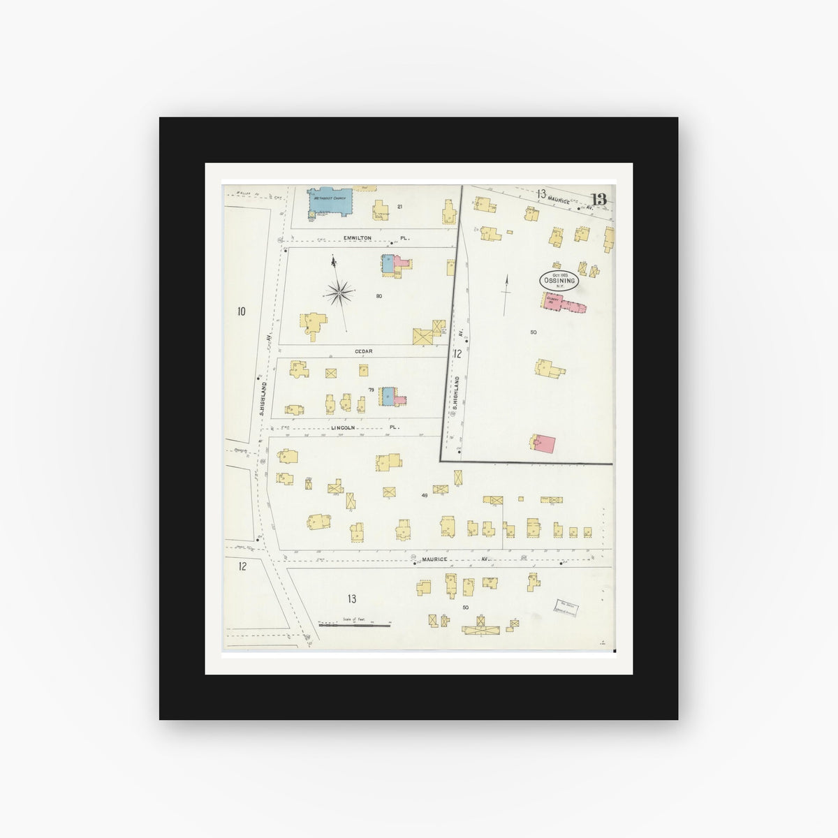 Old map wall art mockup — black gallery frame with white mat — Sanborn Fire Insurance Map from Ossining, Westchester County, New York (1903), Sheet #0013