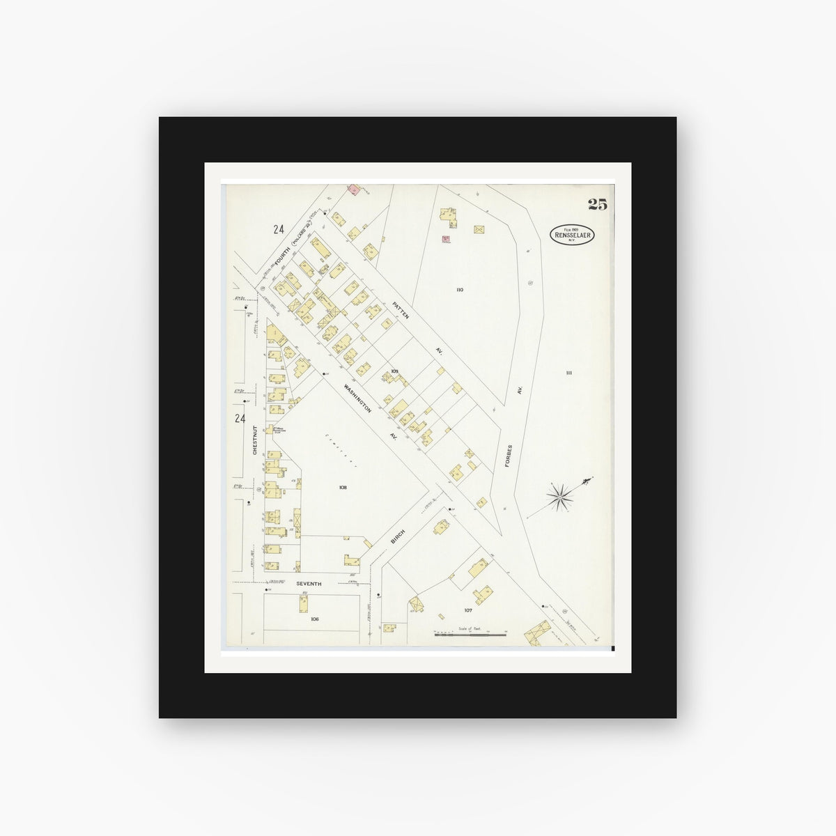 Old map wall art mockup — black gallery frame with white mat — Sanborn Fire Insurance Map from Rensselaer, Rensselaer County, New York (1909), Sheet #0025