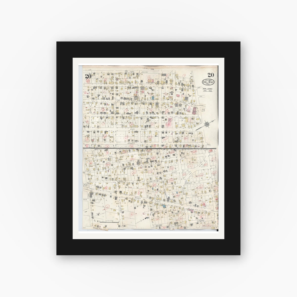 Old map wall art mockup — black gallery frame with white mat — Sanborn Fire Insurance Map from Del Rio, Val Verde County, Texas (1948), Sheet #0020