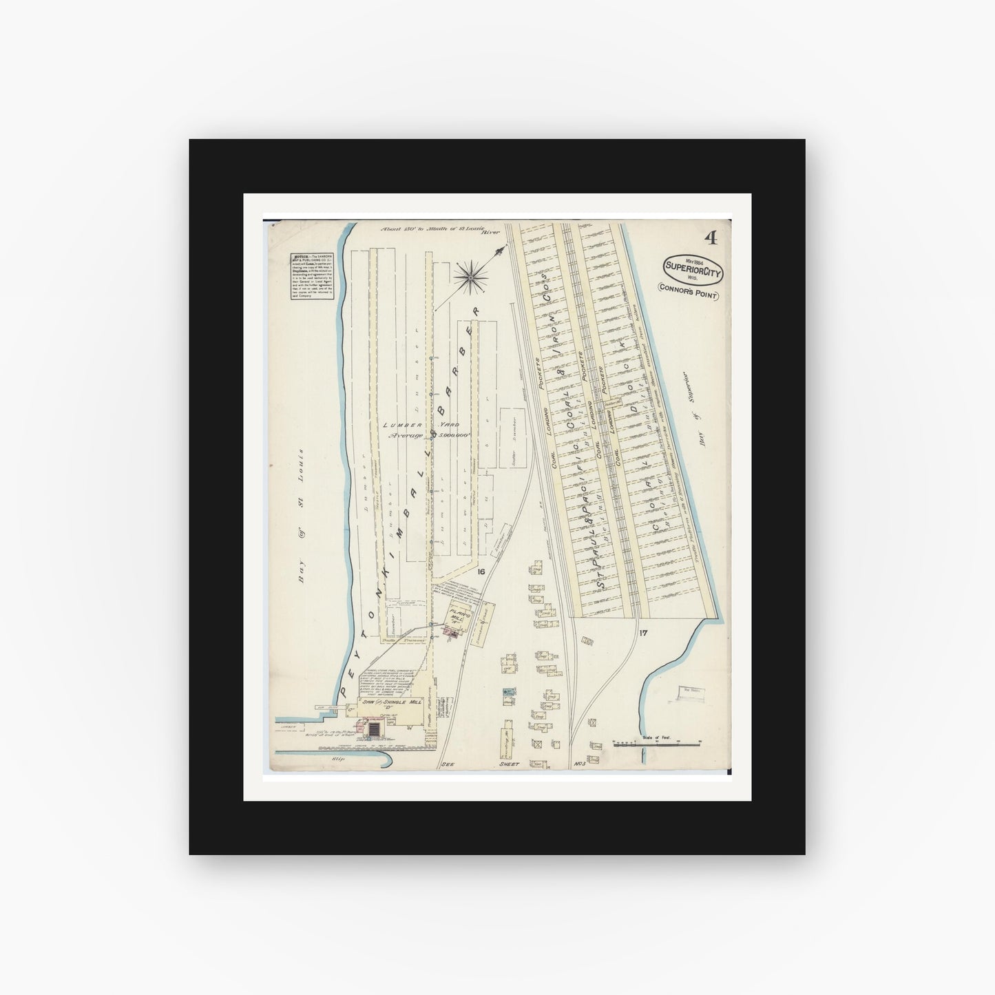 Old map wall art mockup — black gallery frame with white mat — Sanborn Fire Insurance Map from Superior, Douglas County, Wisconsin (1884), Sheet #0004