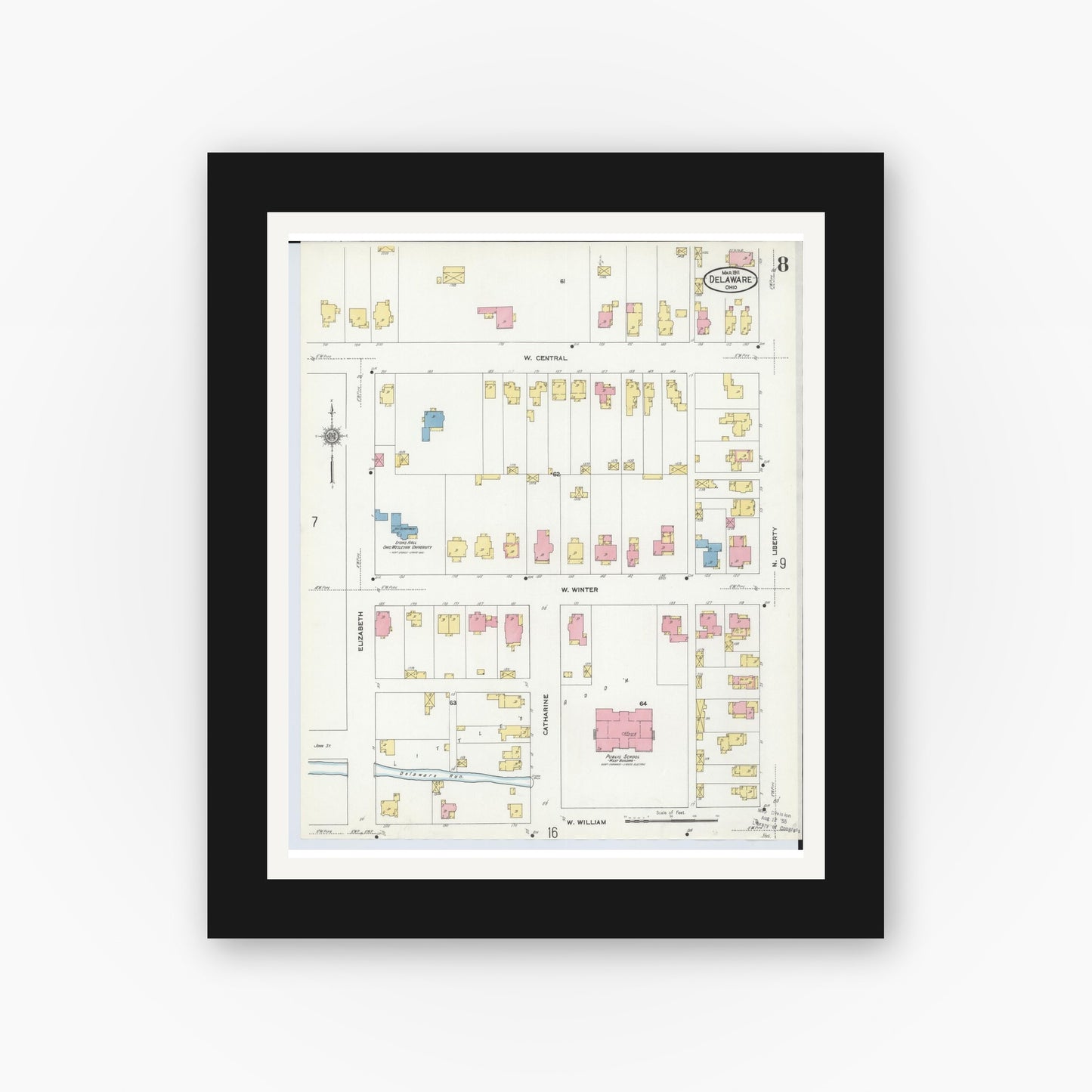 Old map wall art mockup — black gallery frame with white mat — Sanborn Fire Insurance Map from Delaware, Delaware County, Ohio (1911), Sheet #0008