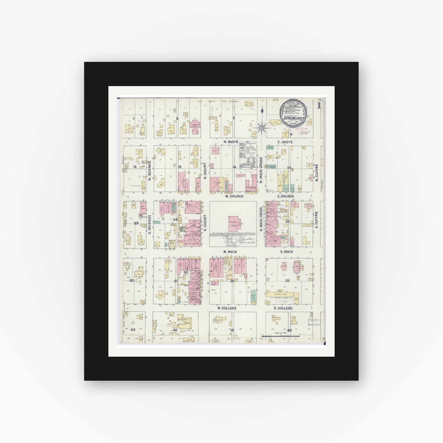 Old map wall art mockup — black gallery frame with white mat — Sanborn Fire Insurance Map from Bowling Green, Pike County, Missouri (1890) - Complete Map Set