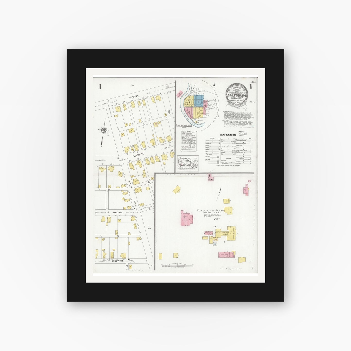 Old map wall art mockup — black gallery frame with white mat — Sanborn Fire Insurance Map from Saltsburg, Indiana County, Pennsylvania (1927) - Complete Map Set