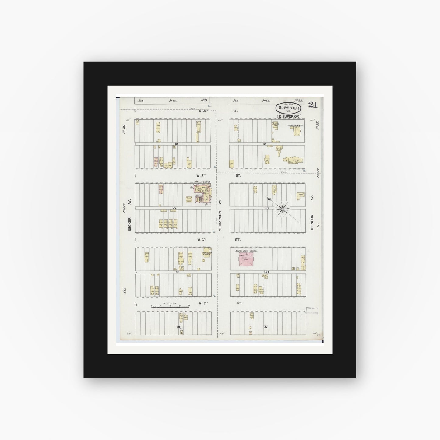 Old map wall art mockup — black gallery frame with white mat — Sanborn Fire Insurance Map from Superior, Douglas County, Wisconsin (1889), Sheet #0021