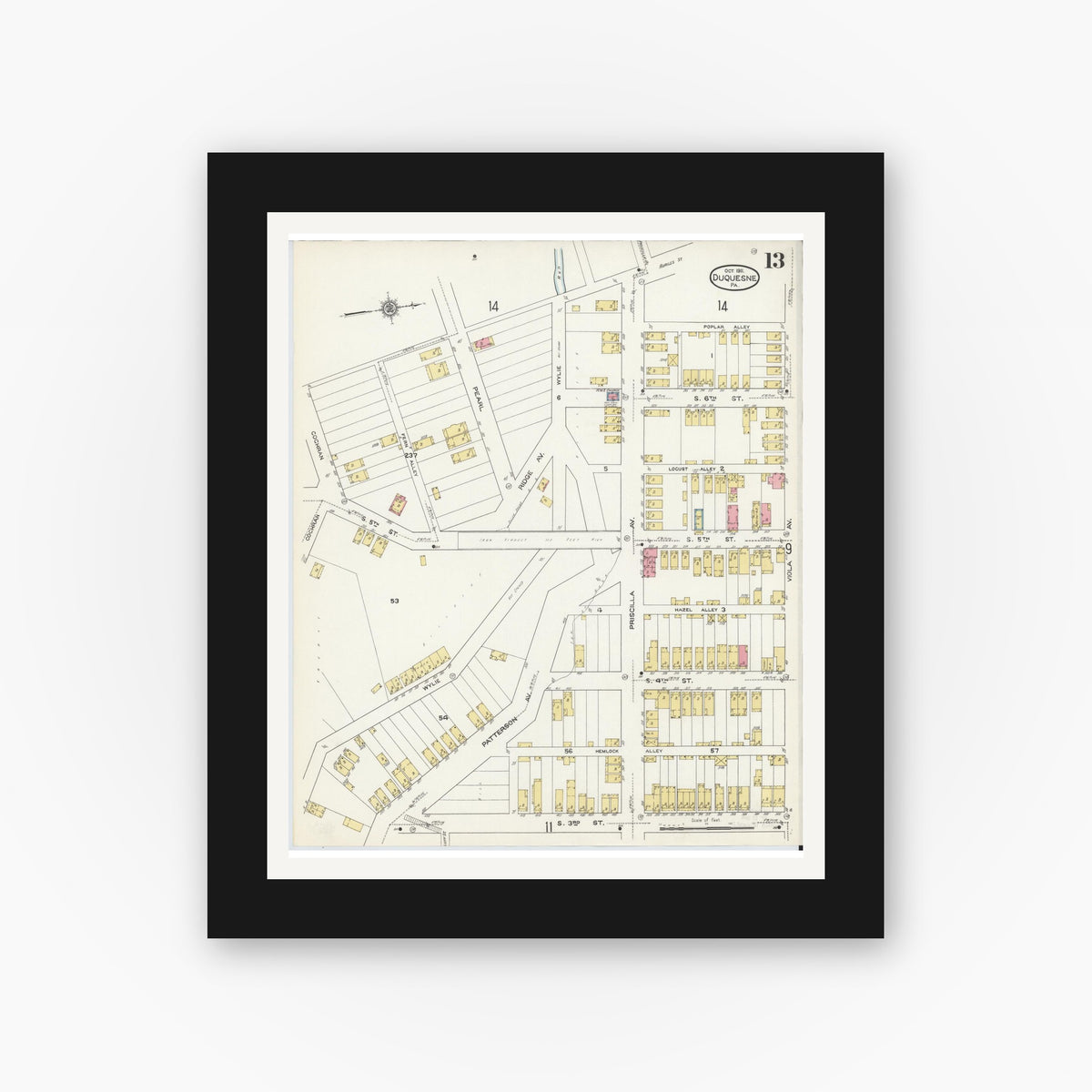 Old map wall art mockup β black gallery frame with white mat β Sanborn Fire Insurance Map from Duquesne, Allegheny County, Pennsylvania (1911), Sheet #0013