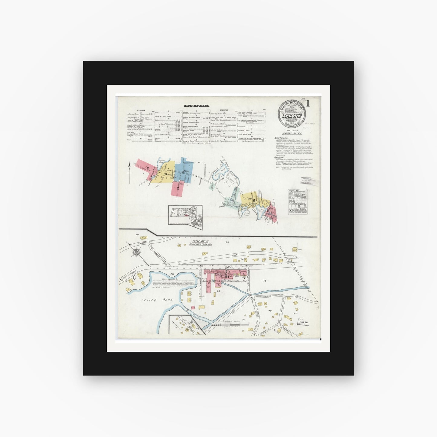 Old map wall art mockup — black gallery frame with white mat — Sanborn Fire Insurance Map from Leicester, Worcester County, Massachusetts (1918), Sheet #0001