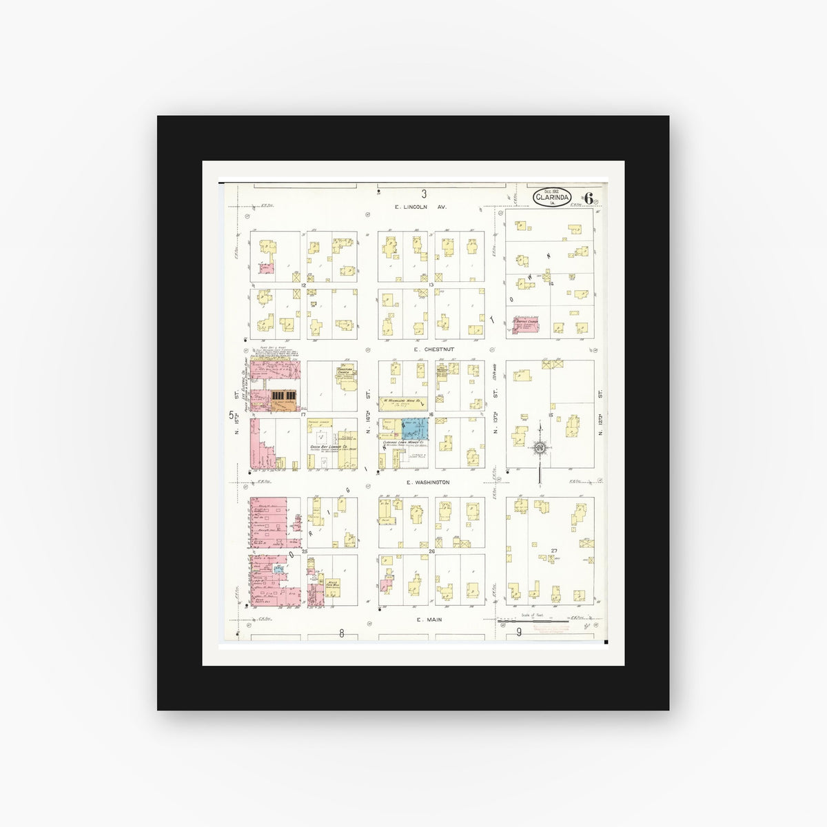 Old map wall art mockup — black gallery frame with white mat — Sanborn Fire Insurance Map from Clarinda, Page County, Iowa (1912), Sheet #0006