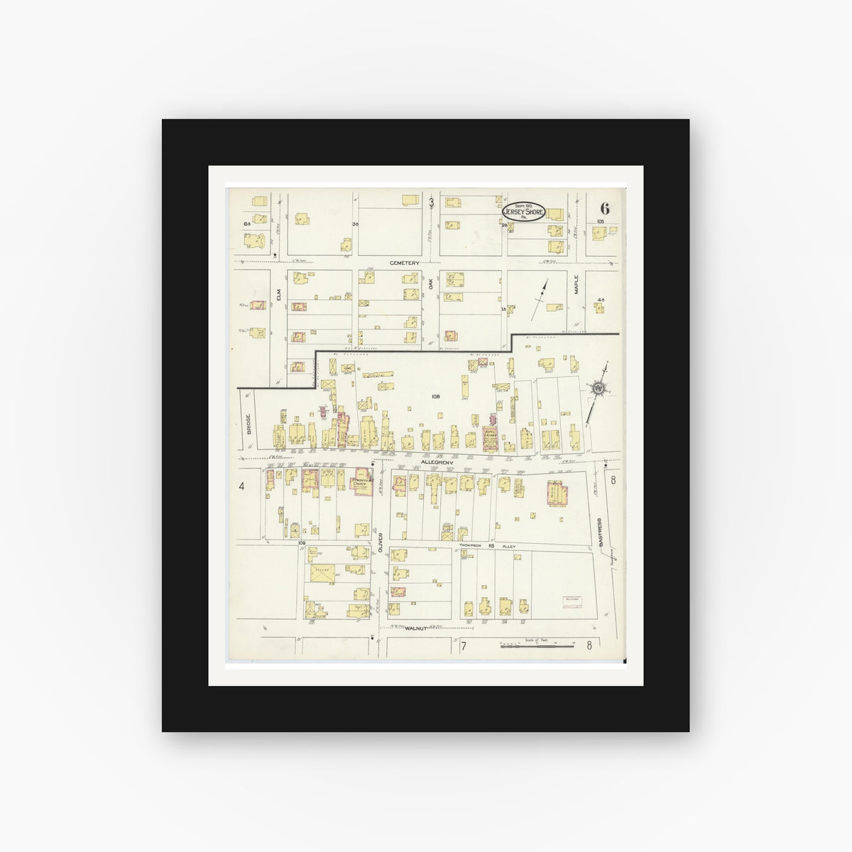 Old map wall art mockup β black gallery frame with white mat β Sanborn Fire Insurance Map from Jersey Shore, Lycoming County, Pennsylvania (1913), Sheet #0006