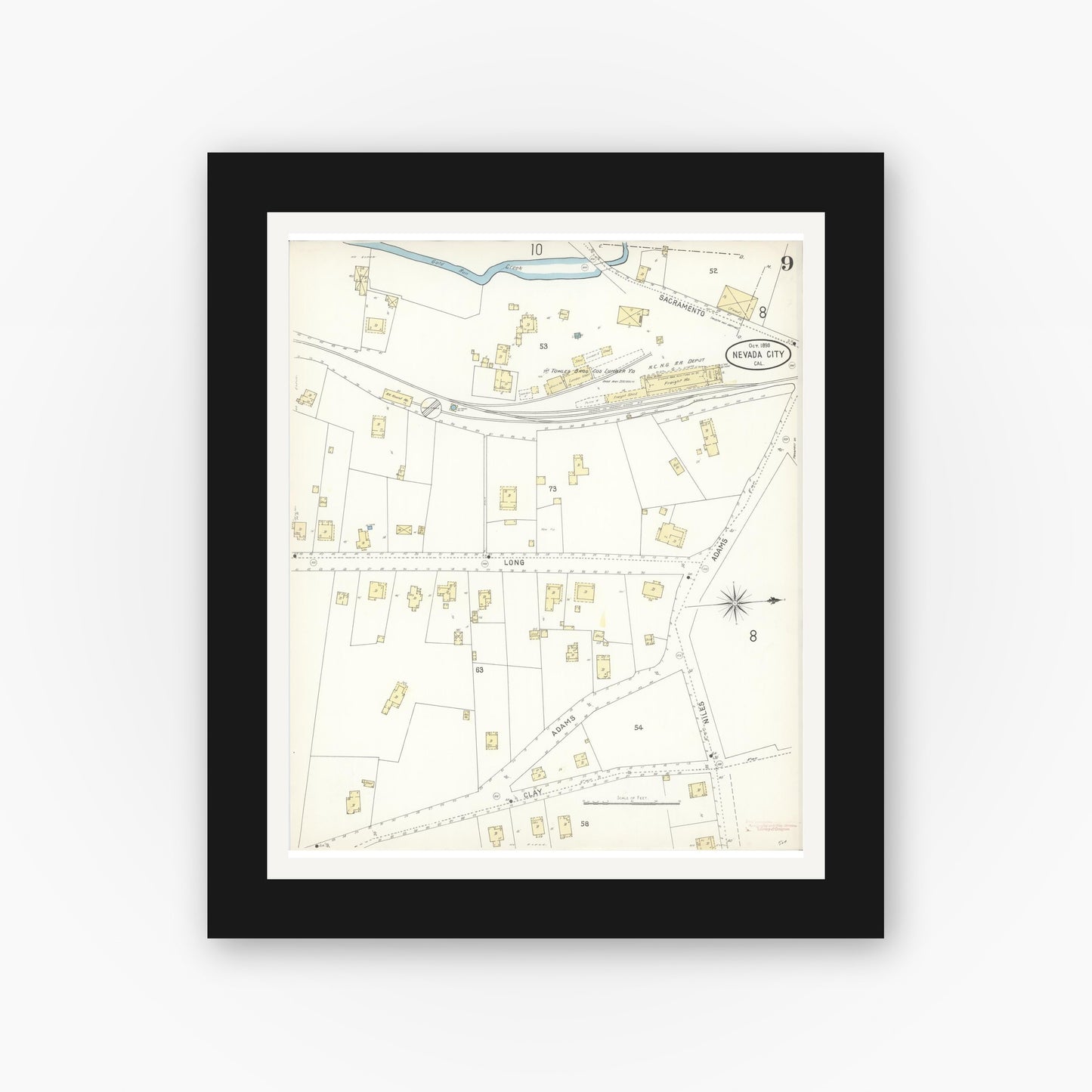 Old map wall art mockup — black gallery frame with white mat — Sanborn Fire Insurance Map from Nevada City, Nevada County, California (1898), Sheet #0009
