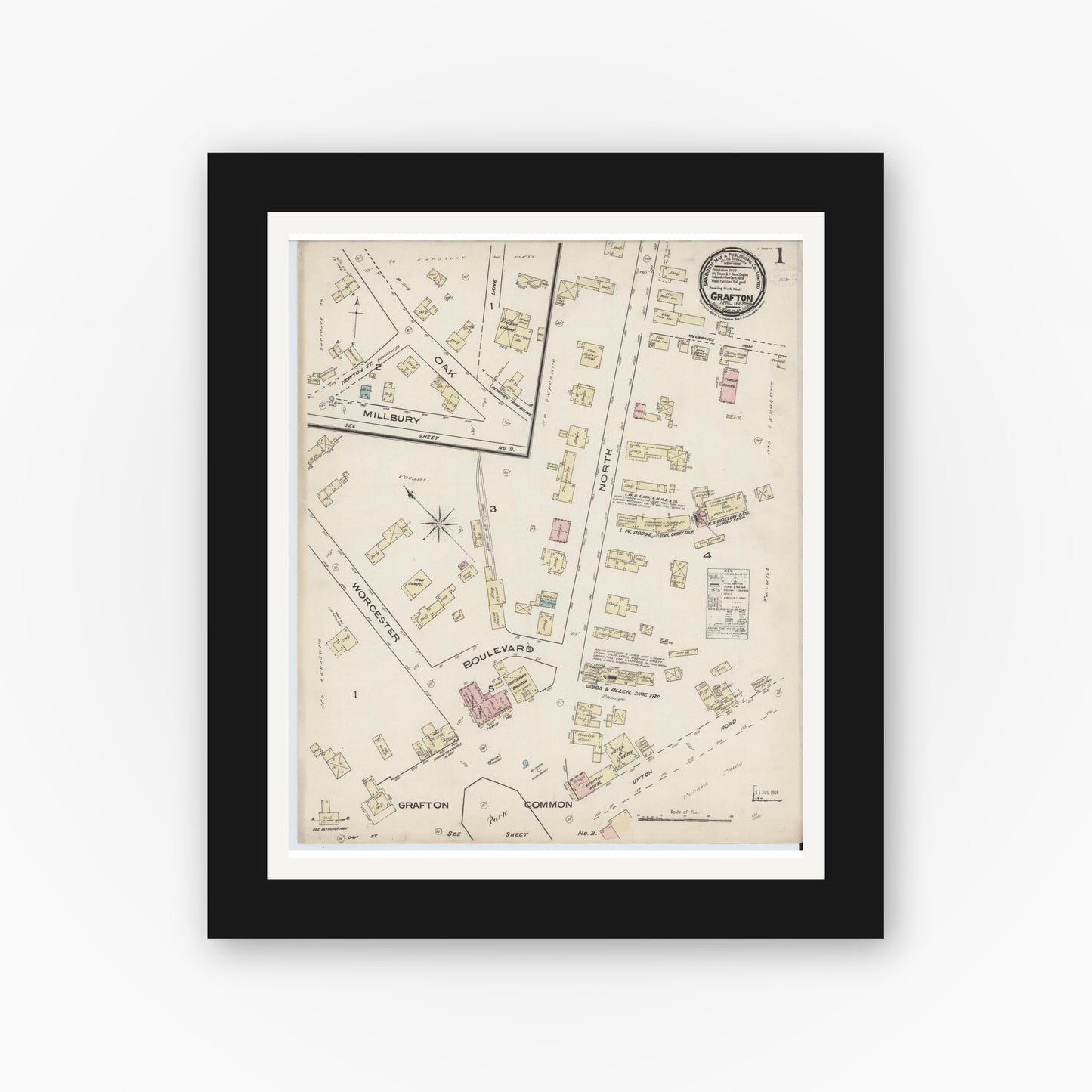 Old map wall art mockup — black gallery frame with white mat — Sanborn Fire Insurance Map from Grafton, Worcester County, Massachusetts (1885) - Complete Map Set