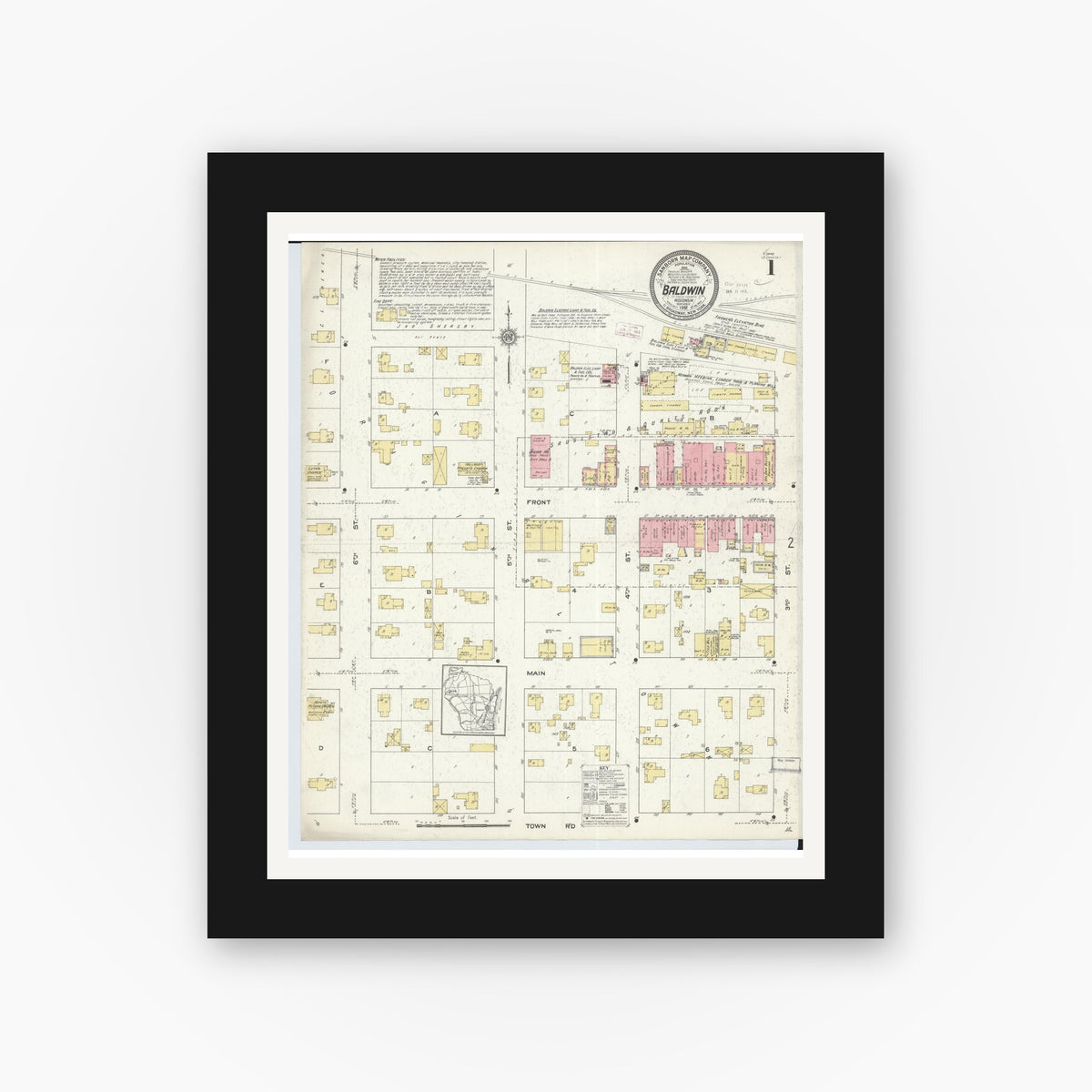 Old map wall art mockup — black gallery frame with white mat — Sanborn Fire Insurance Map from Baldwin, St. Croix County, Wisconsin (1912), Sheet #0001