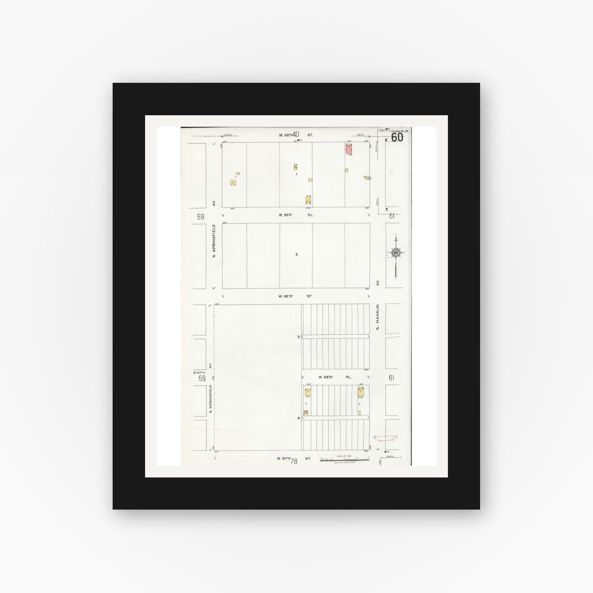 Old map wall art mockup — black gallery frame with white mat — Sanborn Fire Insurance Map from Chicago, Cook County, Illinois (1920), Sheet #0060