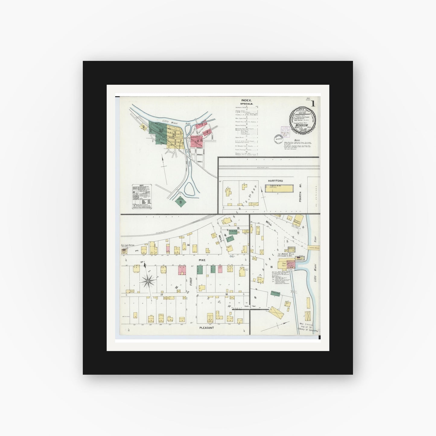 Old map wall art mockup — black gallery frame with white mat — Sanborn Fire Insurance Map from Morrow, Warren County, Ohio (1901), Sheet #0001