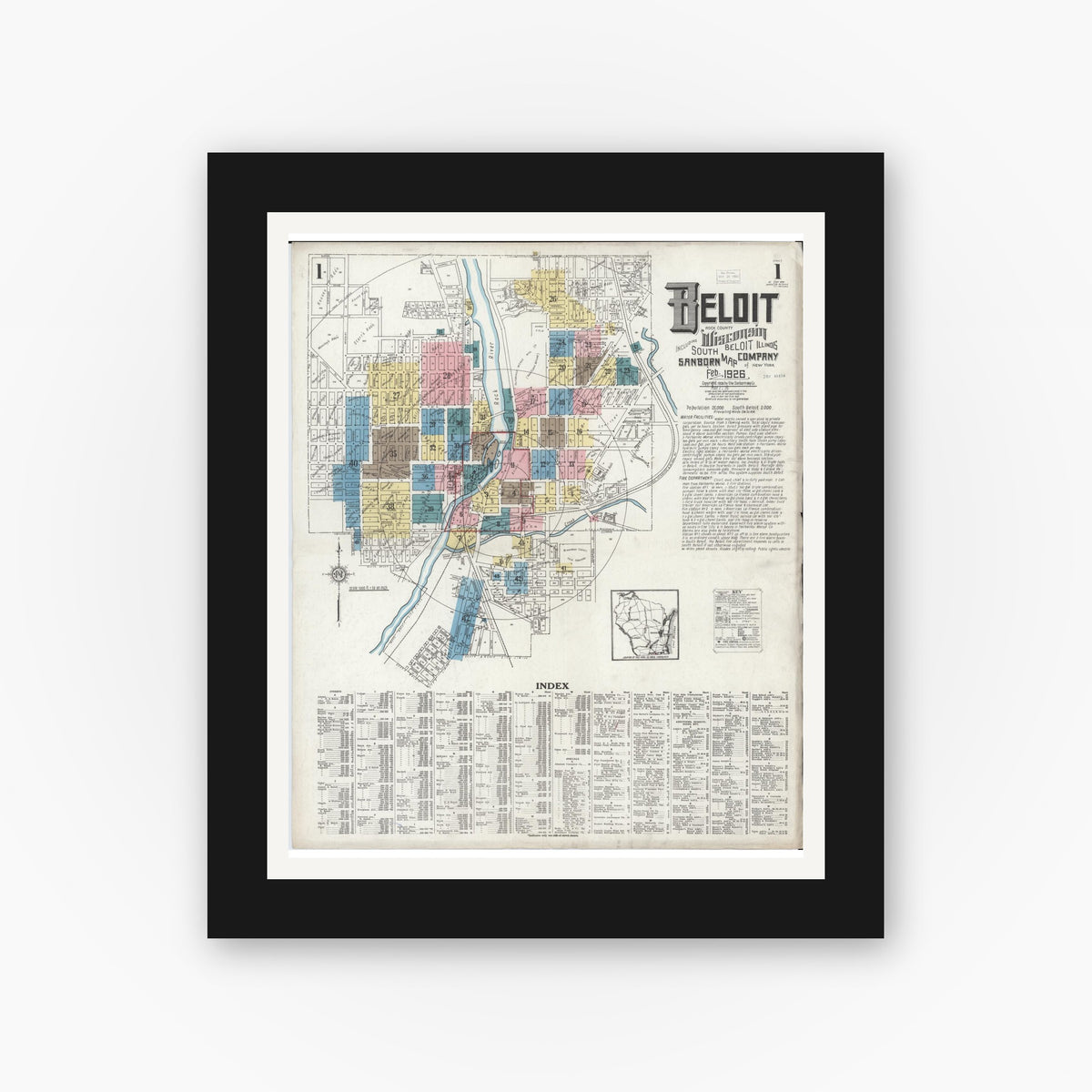 Old map wall art mockup — black gallery frame with white mat — Sanborn Fire Insurance Map from Beloit, Rock County, Wisconsin (1926) - Complete Map Set
