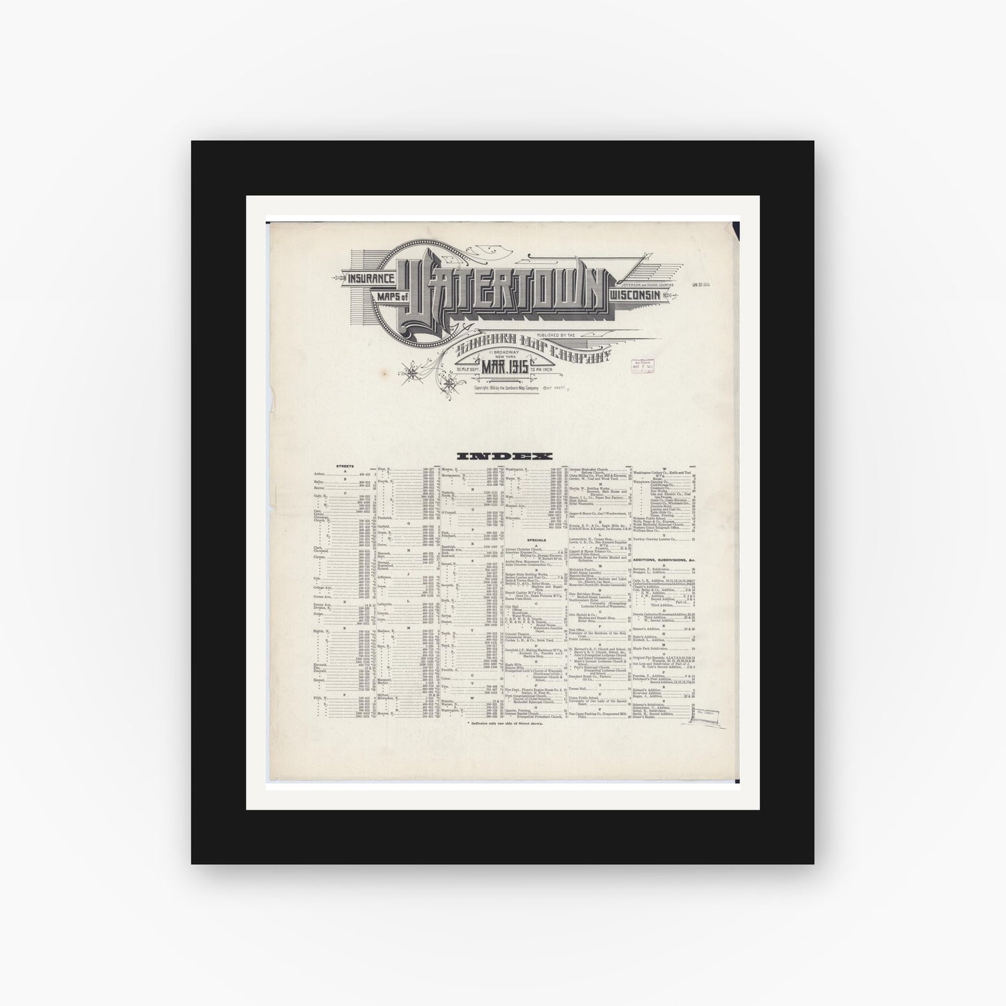 Old map wall art mockup — black gallery frame with white mat — Sanborn Fire Insurance Map from Watertown, Jefferson County, Wisconsin (1915), Sheet #0001
