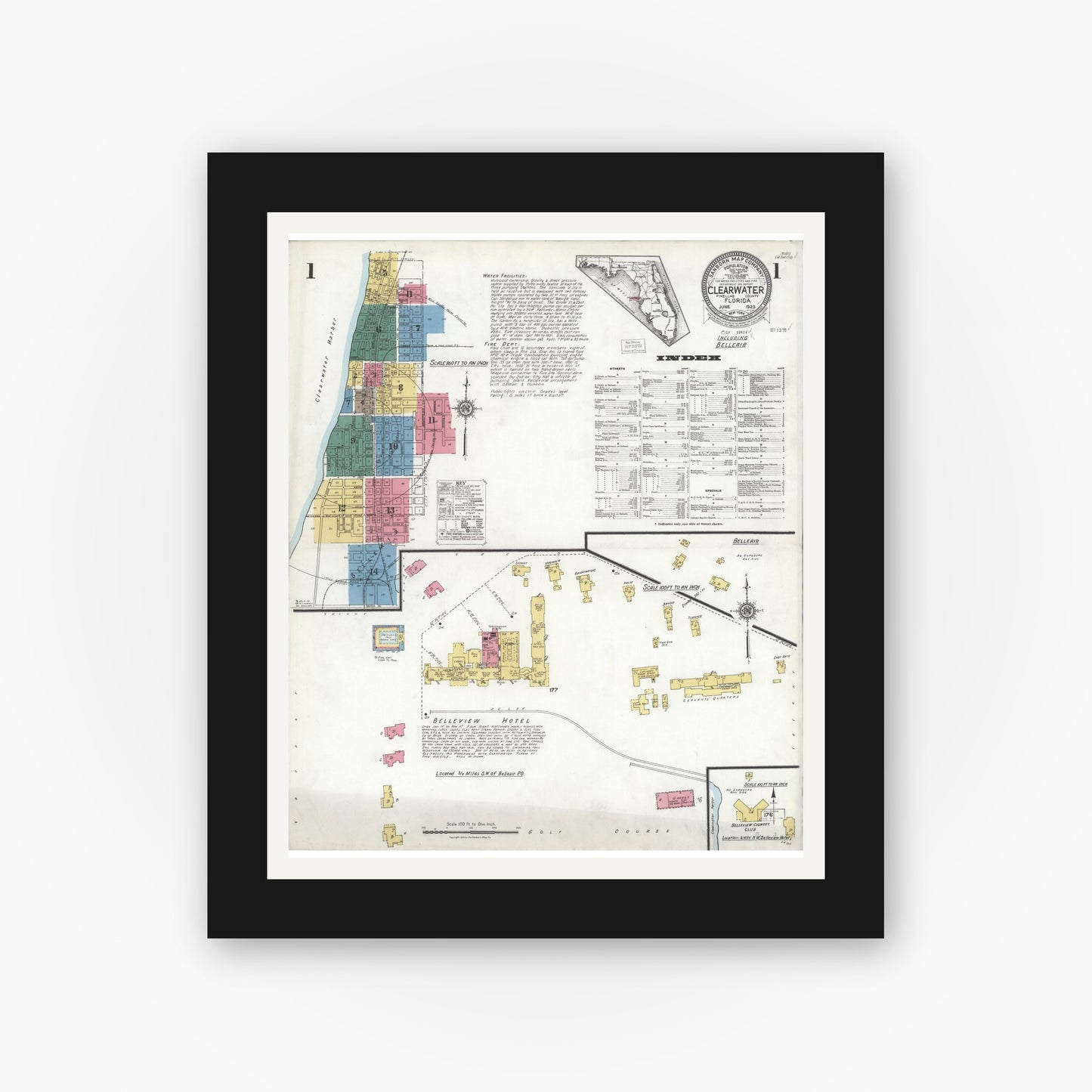 Old map wall art mockup — black gallery frame with white mat — Sanborn Fire Insurance Map from Clearwater, Pinellas County, Florida (1923) - Complete Map Set