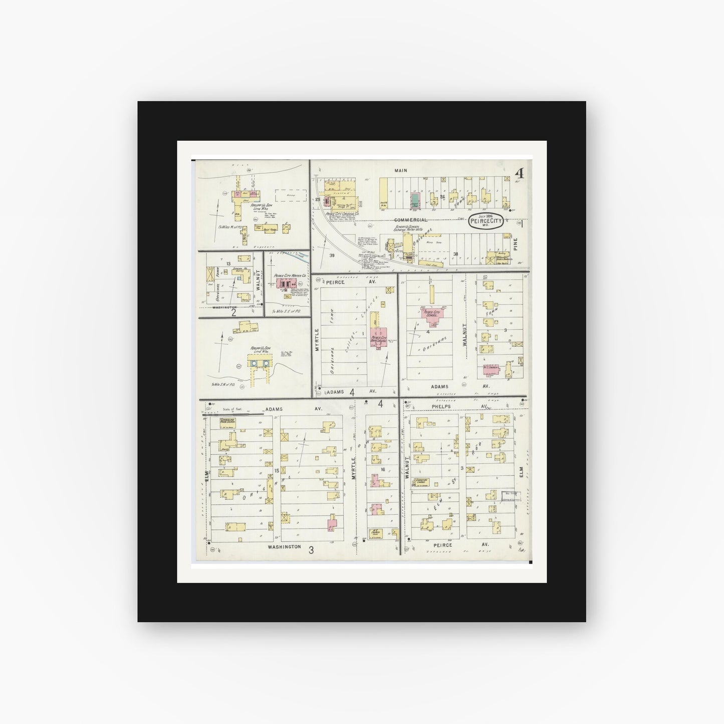 Old map wall art mockup — black gallery frame with white mat — Sanborn Fire Insurance Map from Pierce City, Lawrence County, Missouri (1896), Sheet #0004