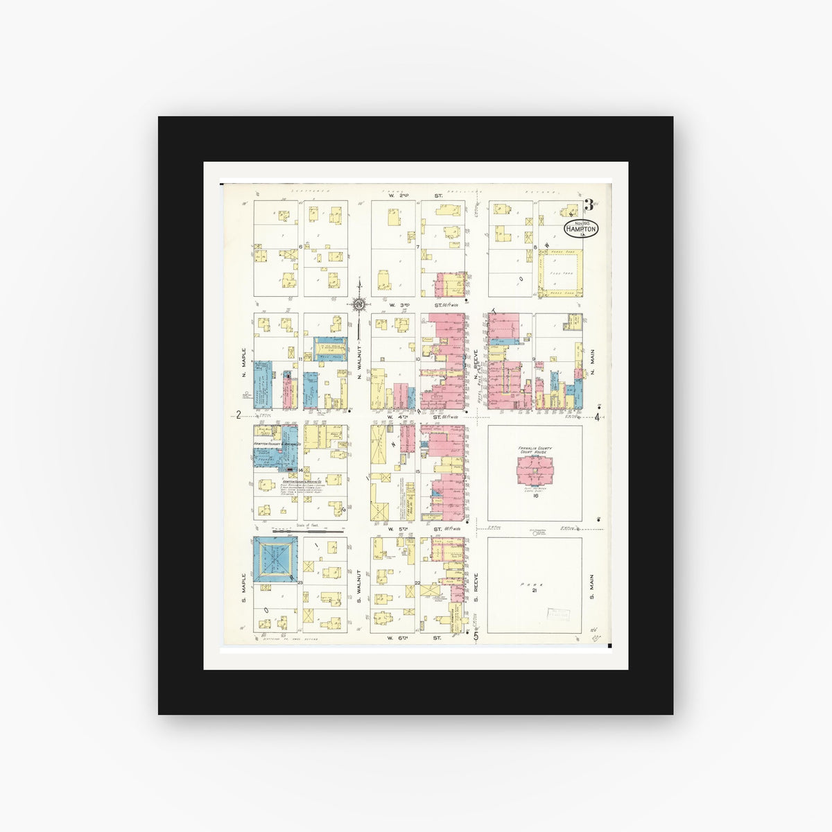 Old map wall art mockup — black gallery frame with white mat — Sanborn Fire Insurance Map from Hampton, Franklin County, Iowa (1913), Sheet #0003