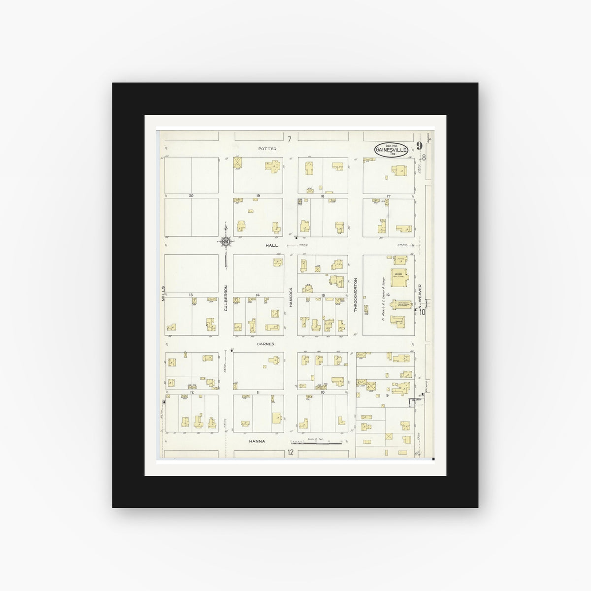 Old map wall art mockup — black gallery frame with white mat — Sanborn Fire Insurance Map from Gainesville, Cooke County, Texas (1913), Sheet #0009