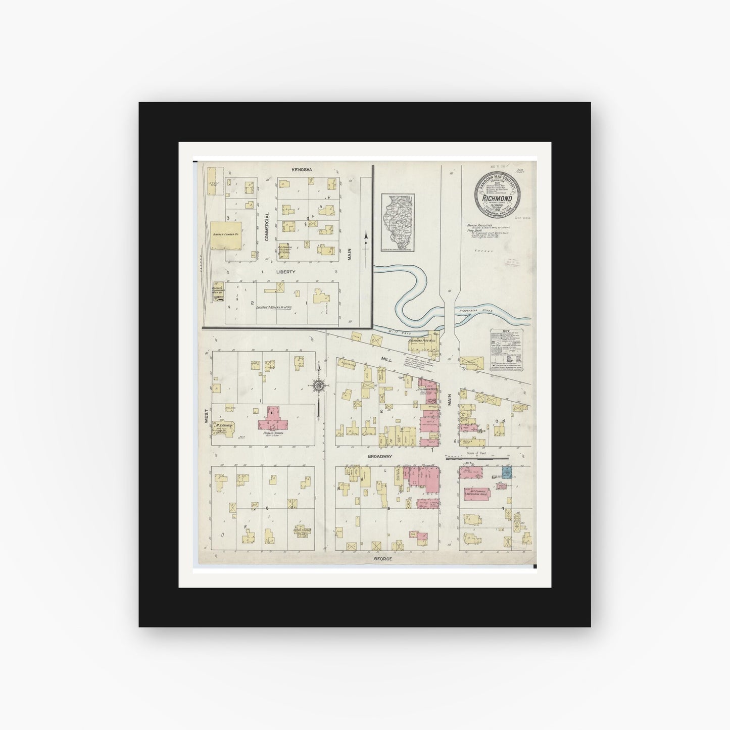 Old map wall art mockup — black gallery frame with white mat — Sanborn Fire Insurance Map from Richmond, McHenry County, Illinois (1912), Sheet #0001