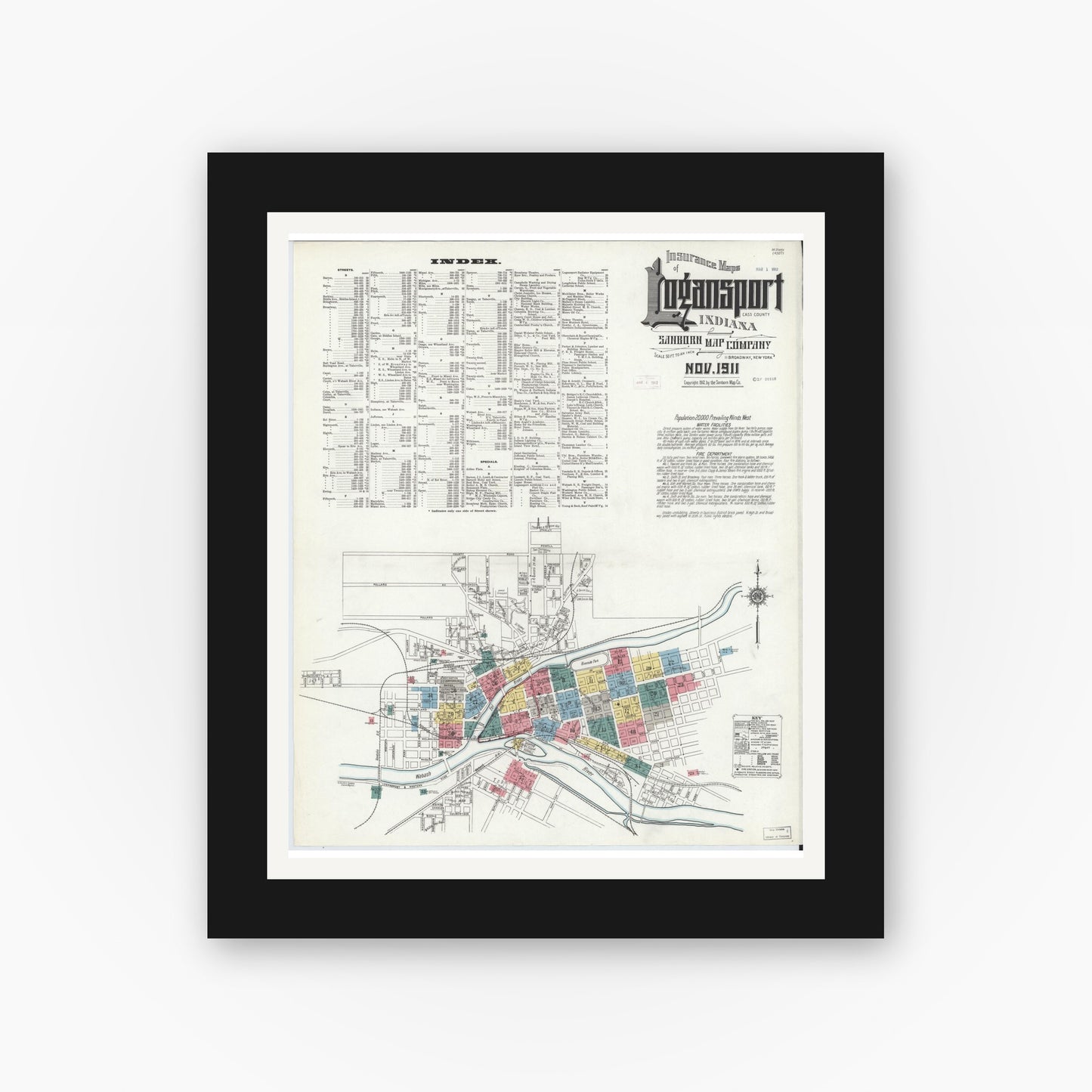 Old map wall art mockup — black gallery frame with white mat — Sanborn Fire Insurance Map from Logansport, Cass County, Indiana (1911), Sheet #0001